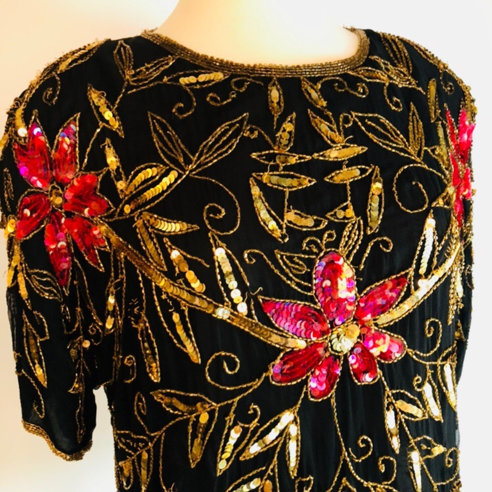 Vintage Floral Sequin Silk Retro Top M - Picture 2 of 6